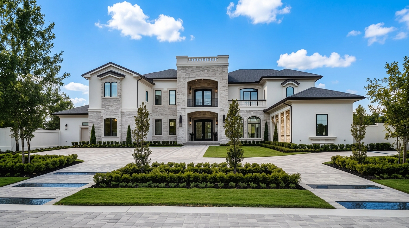 Luxury mansion with manicured grounds and blue sky